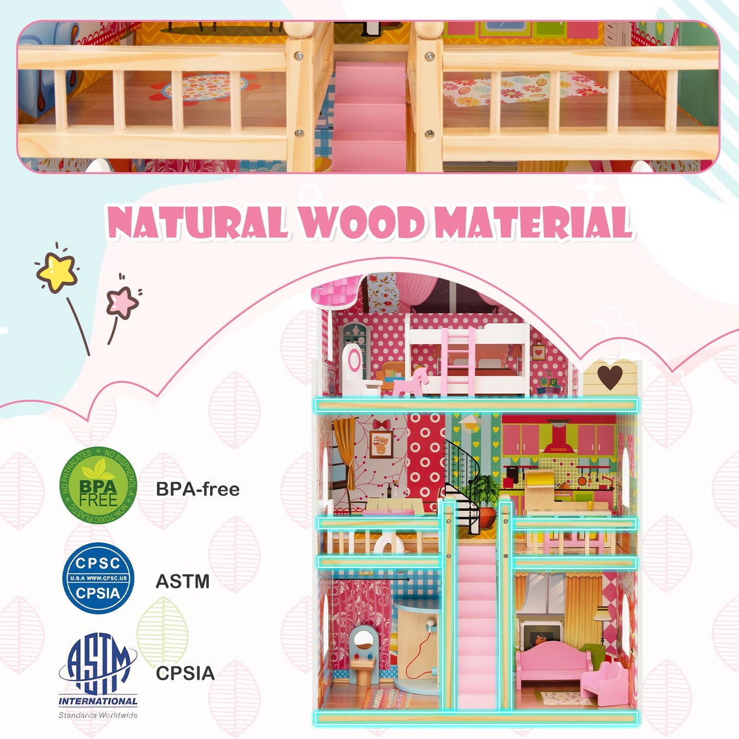Doll House Playset with 3 Stories and 6 Simulated Rooms and 15 Pieces of Furniture-Pink Kids Crystal