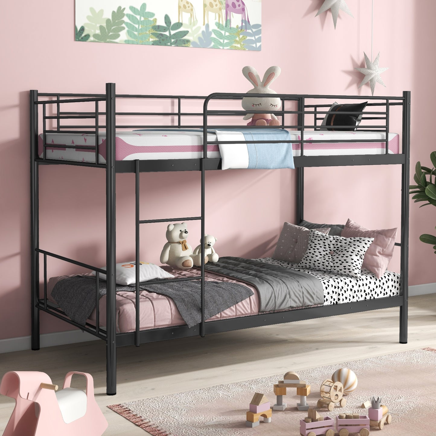 Metal Bunk Bed with Ladder and Full-length Guardrails-Black Kids Crystal