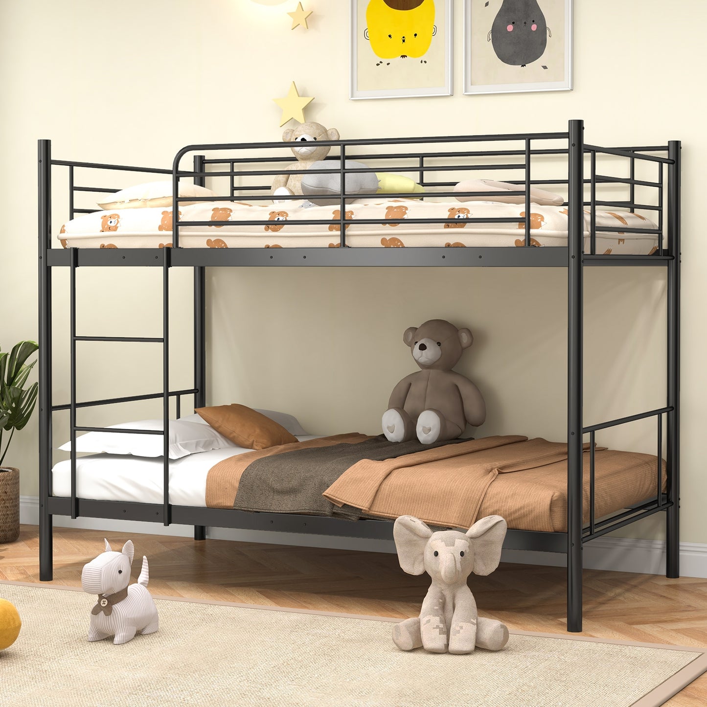 Metal Bunk Bed with Ladder and Full-length Guardrails-Black Kids Crystal