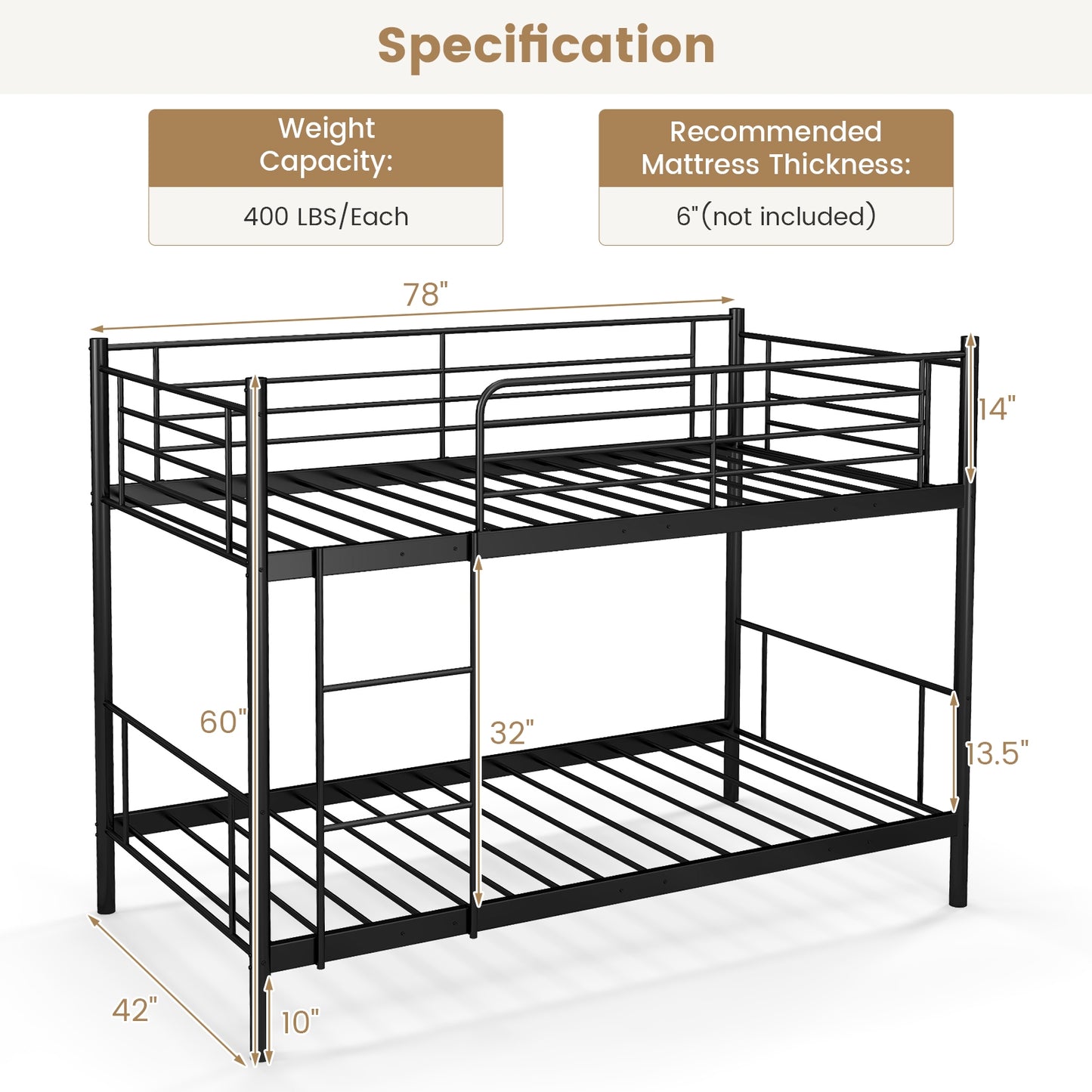 Metal Bunk Bed with Ladder and Full-length Guardrails-Black Kids Crystal