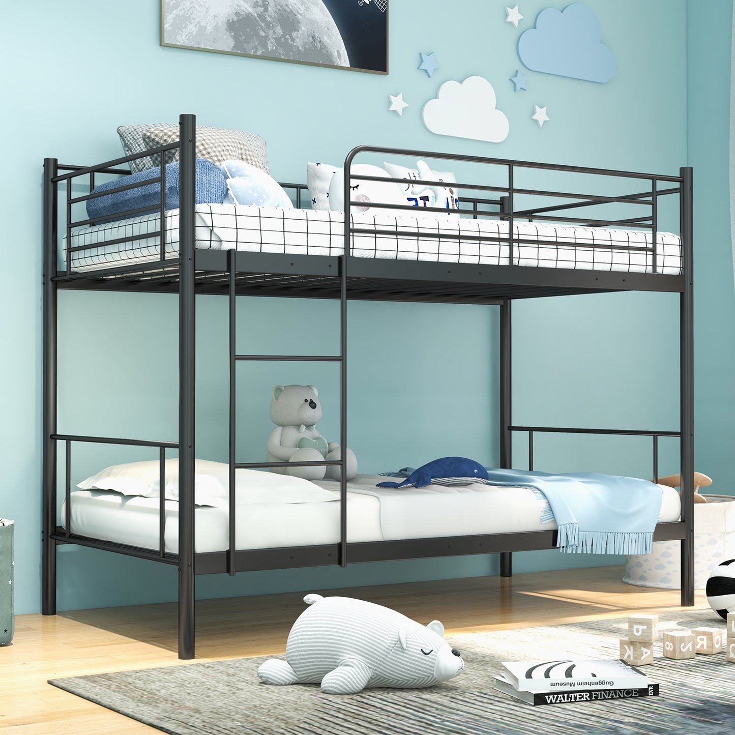 Metal Bunk Bed with Ladder and Full-length Guardrails-Black Kids Crystal