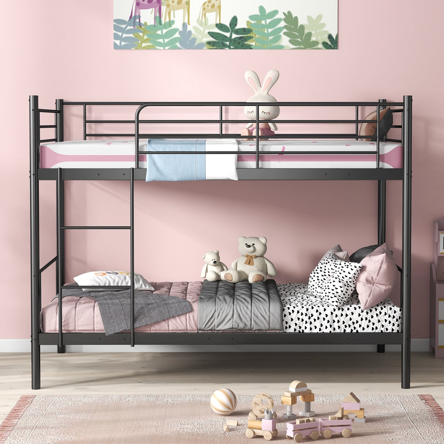 Metal Bunk Bed with Ladder and Full-length Guardrails-Black Kids Crystal