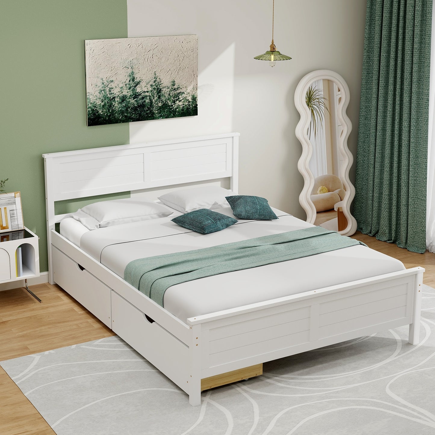 Full Size Bed Frame with Storage Drawers and Solid Wood Headboard-White Kids Crystal