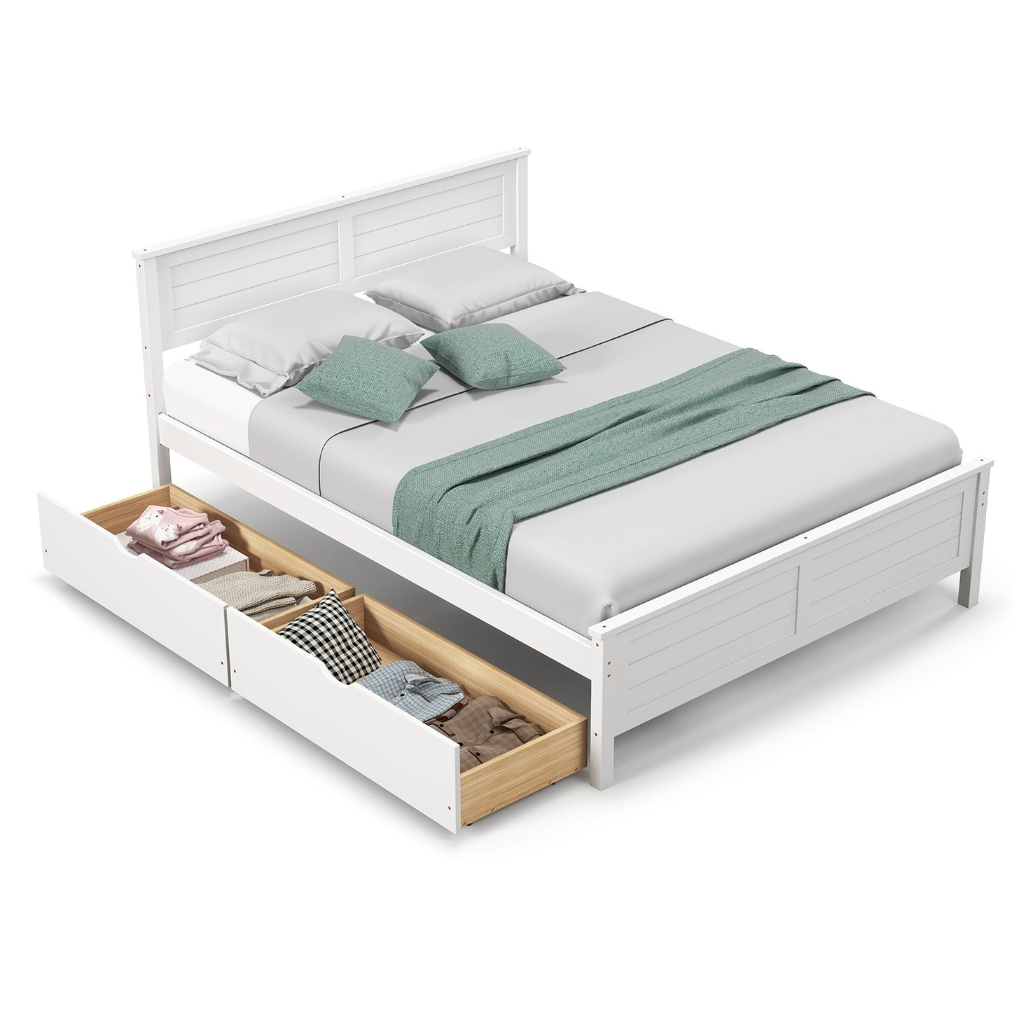 Full Size Bed Frame with Storage Drawers and Solid Wood Headboard-White Kids Crystal