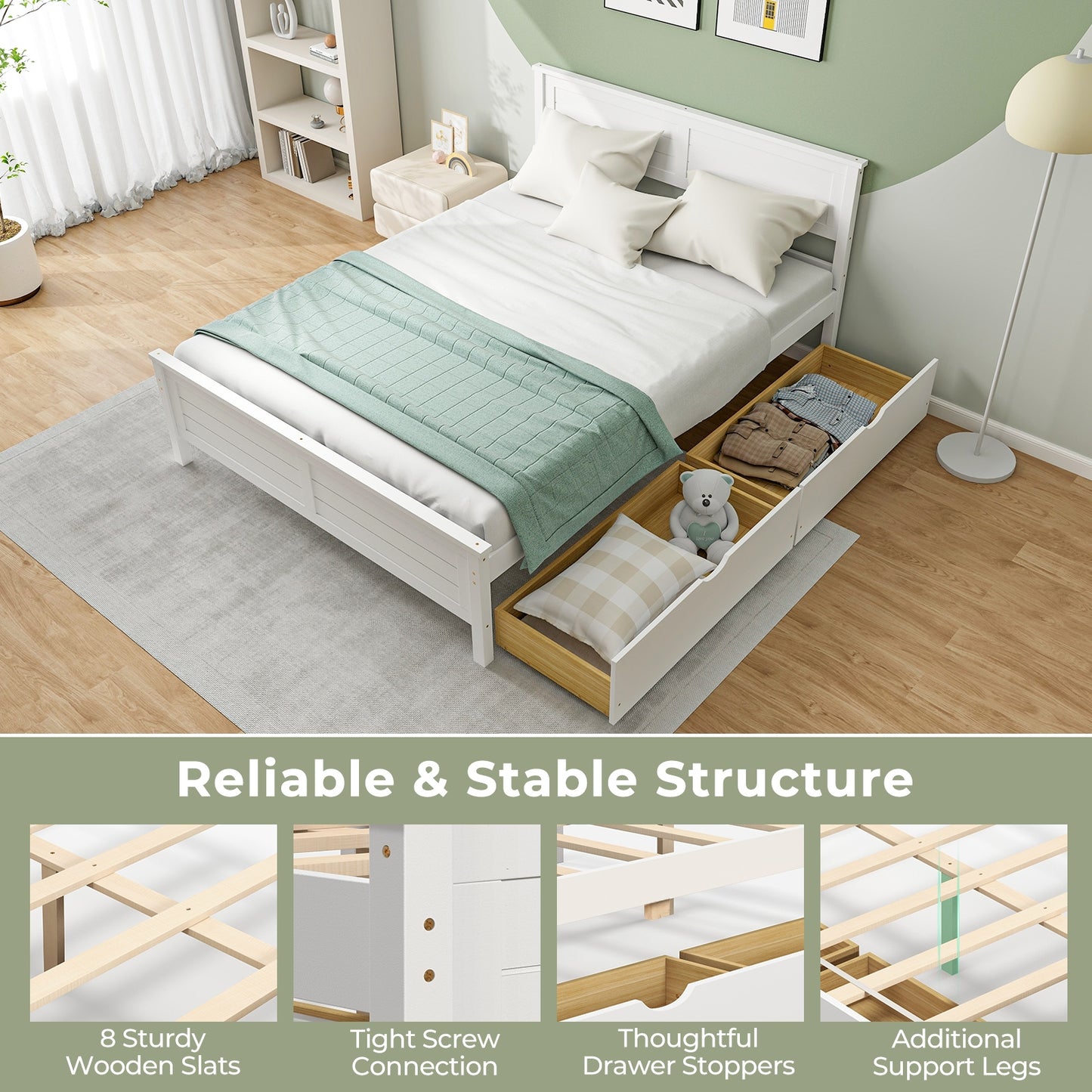 Full Size Bed Frame with Storage Drawers and Solid Wood Headboard-White Kids Crystal