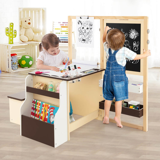 Kids Art Center Wooden Table Bench Set-Brown Kids Crystal