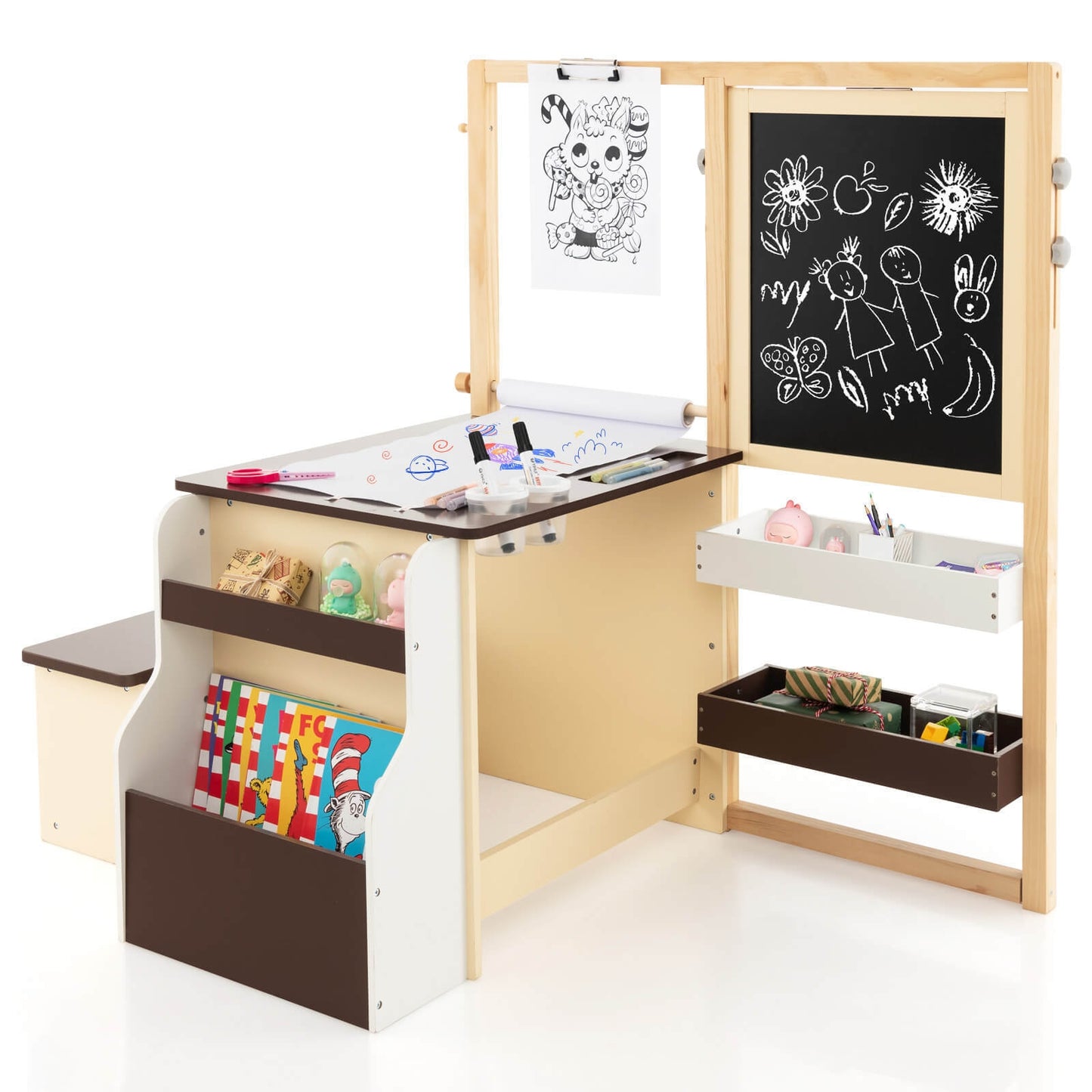 Kids Art Center Wooden Table Bench Set-Brown Kids Crystal