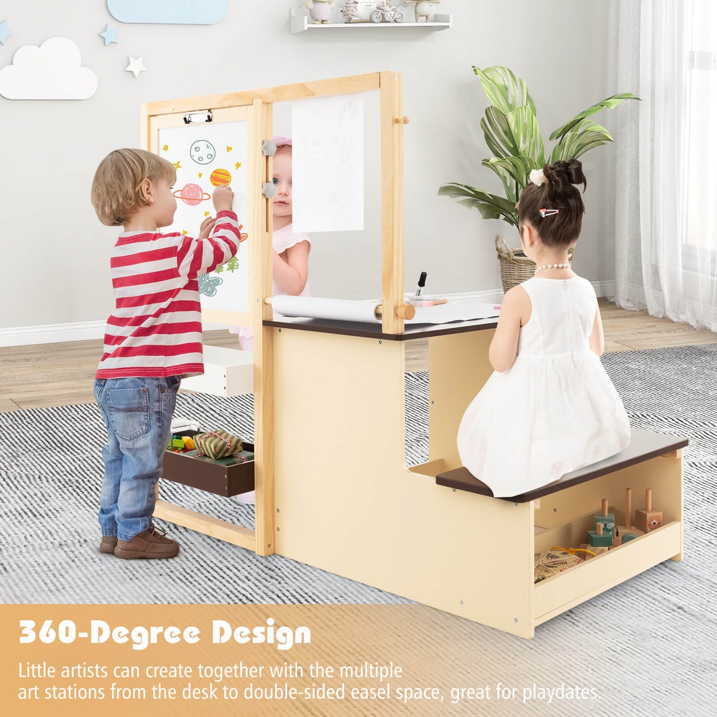 Kids Art Center Wooden Table Bench Set-Brown Kids Crystal
