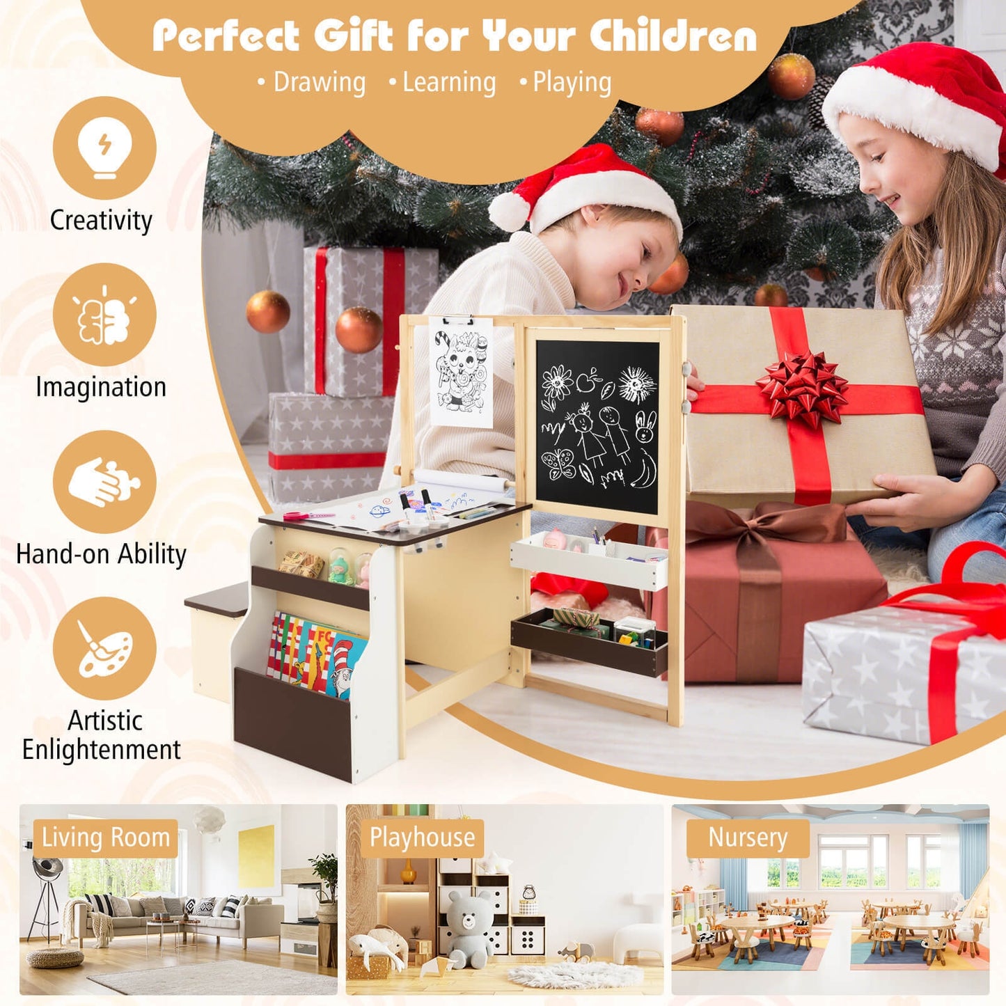 Kids Art Center Wooden Table Bench Set-Brown Kids Crystal