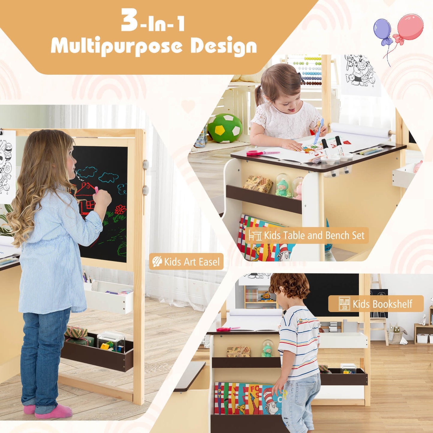 Kids Art Center Wooden Table Bench Set-Brown Kids Crystal