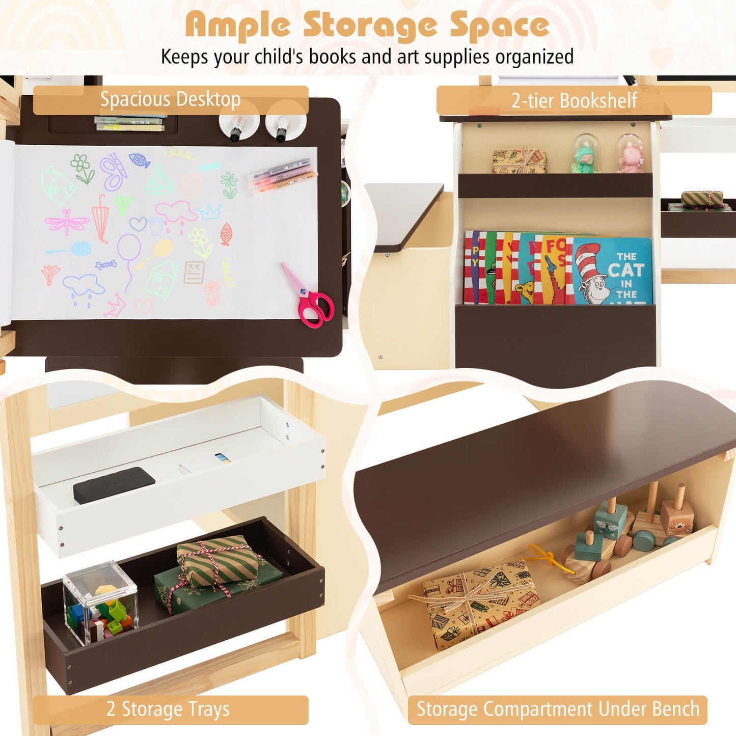 Kids Art Center Wooden Table Bench Set-Brown Kids Crystal