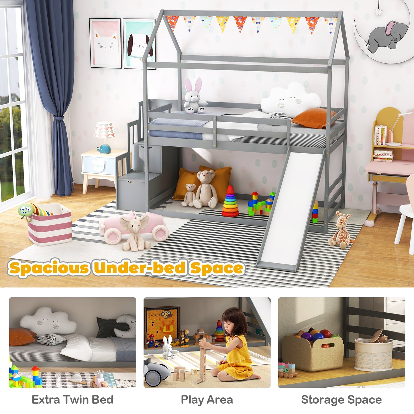 Twin over Twin Bunk Bed with Slide and 2-Step Storage Staircase-Gray Kids Crystal