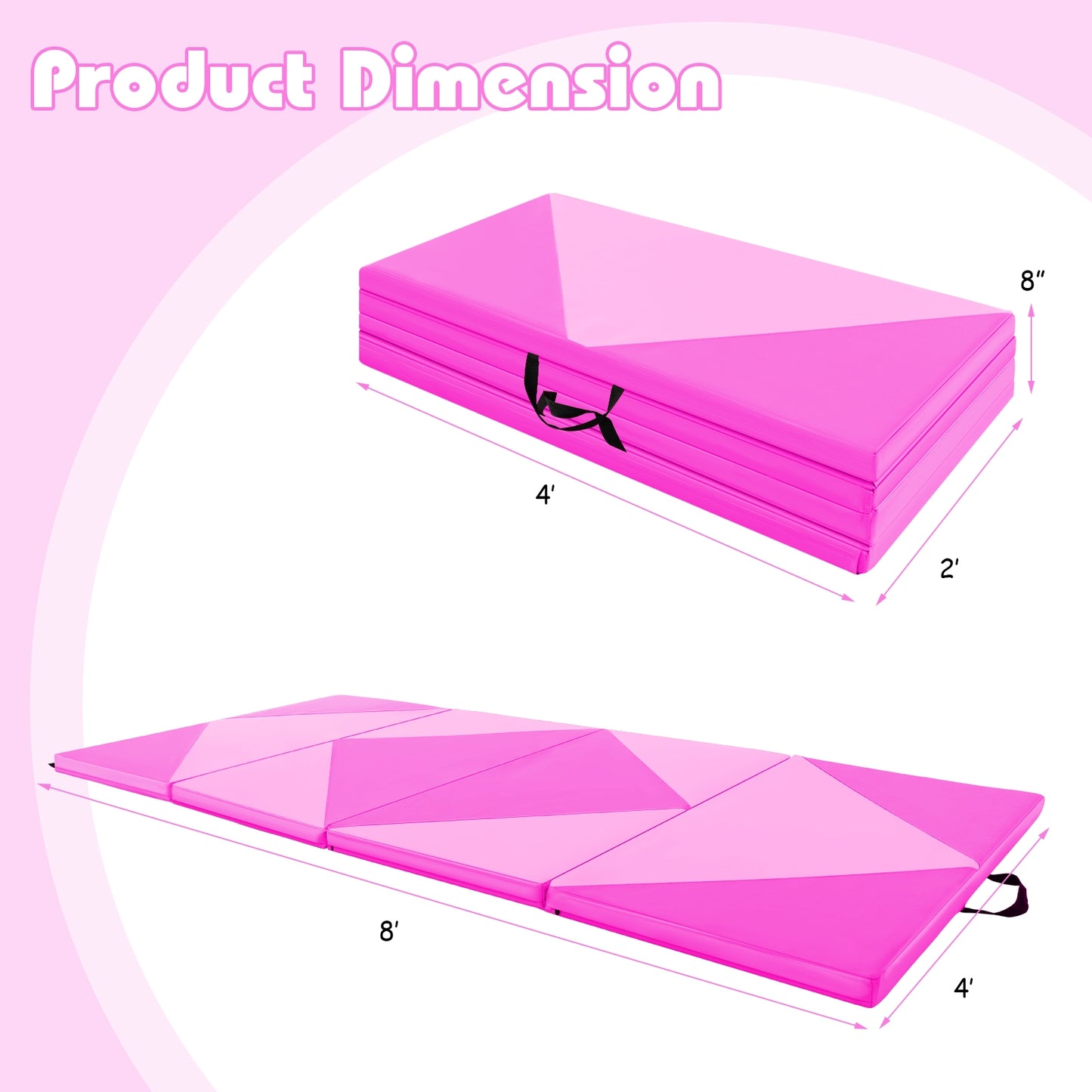 8 Feet PU Leather Folding Gymnastics Mat with Hook and Loop Fasteners-Pink Kids Crystal