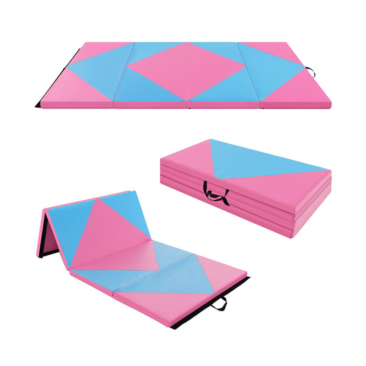8 Feet PU Leather Folding Gymnastics Mat with Hook and Loop Fasteners-Pink & Blue Kids Crystal