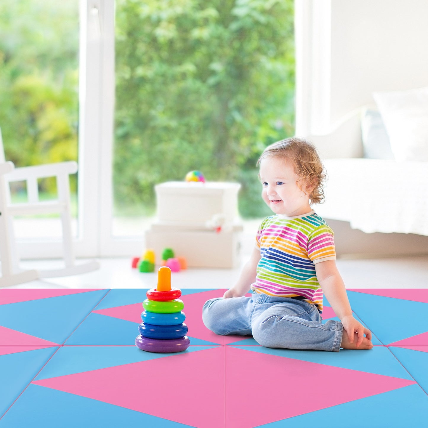 8 Feet PU Leather Folding Gymnastics Mat with Hook and Loop Fasteners-Pink & Blue Kids Crystal