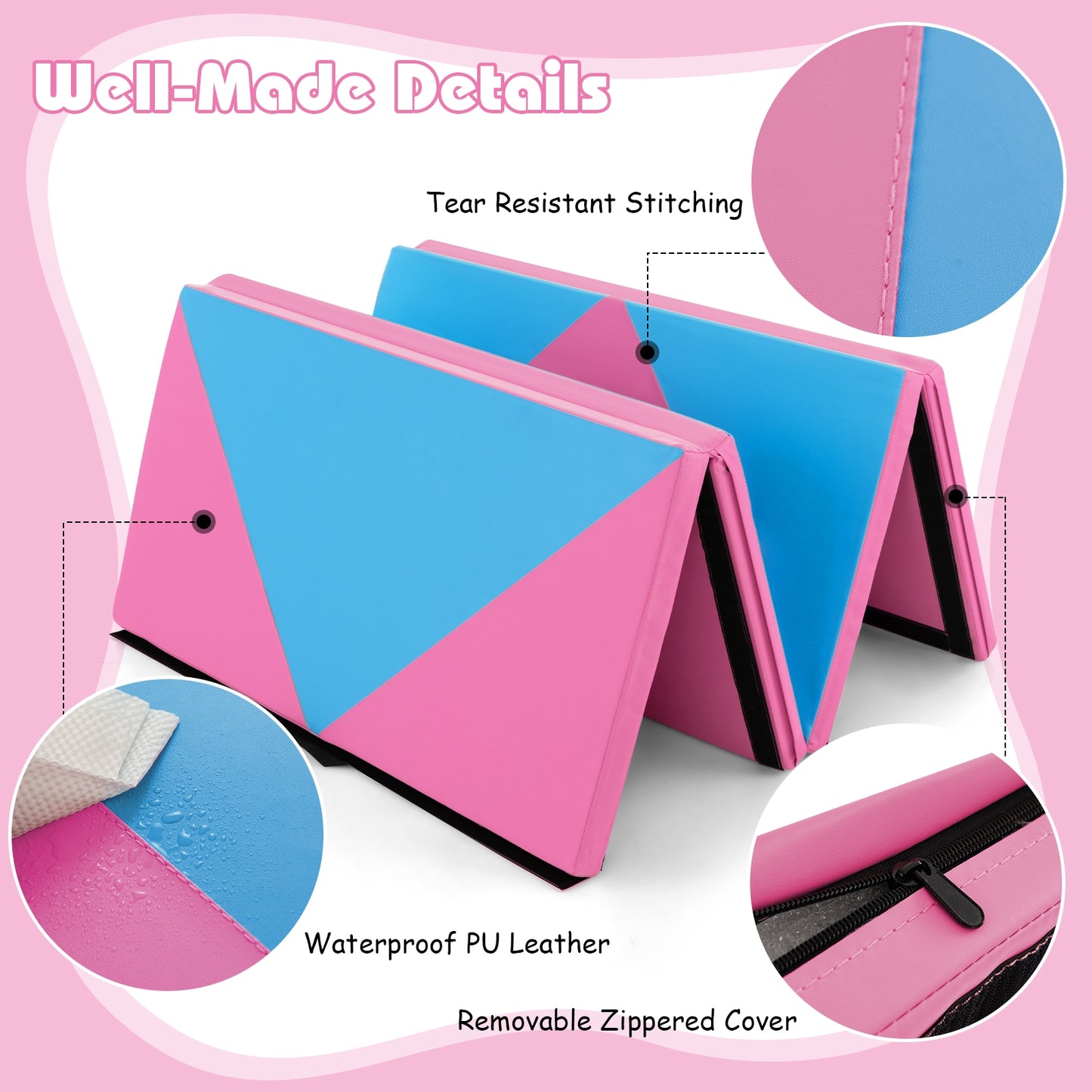 8 Feet PU Leather Folding Gymnastics Mat with Hook and Loop Fasteners-Pink & Blue Kids Crystal