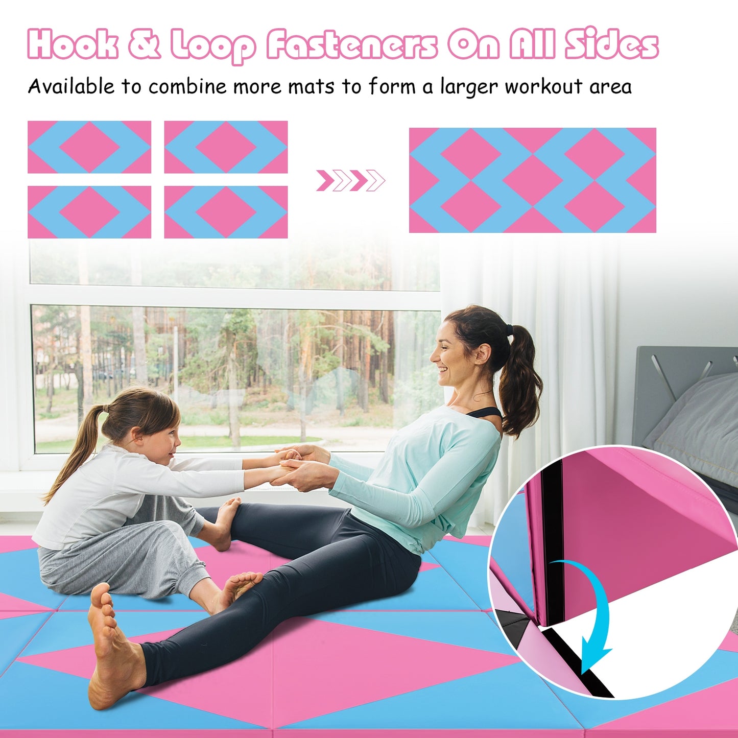 8 Feet PU Leather Folding Gymnastics Mat with Hook and Loop Fasteners-Pink & Blue Kids Crystal