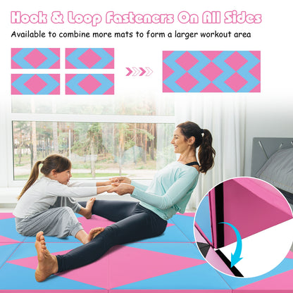 8 Feet PU Leather Folding Gymnastics Mat with Hook and Loop Fasteners-Pink & Blue
