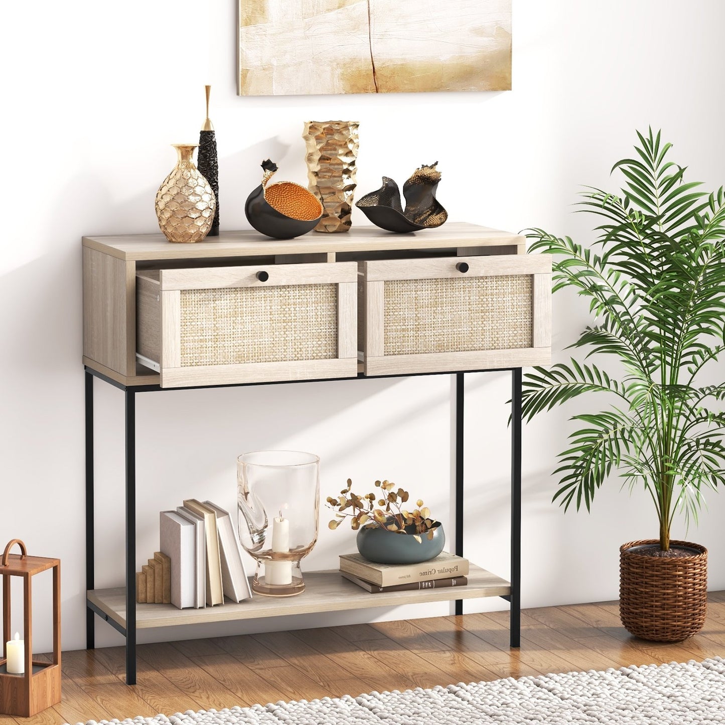 Rattan Console Table Boho Entryway Table with 2 Rattan Drawers and Open Storage Shelf-Oak Kids Crystal