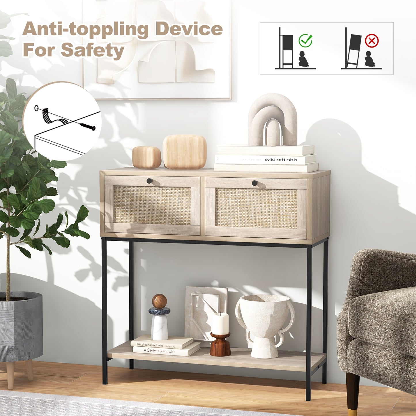 Rattan Console Table Boho Entryway Table with 2 Rattan Drawers and Open Storage Shelf-Oak Kids Crystal