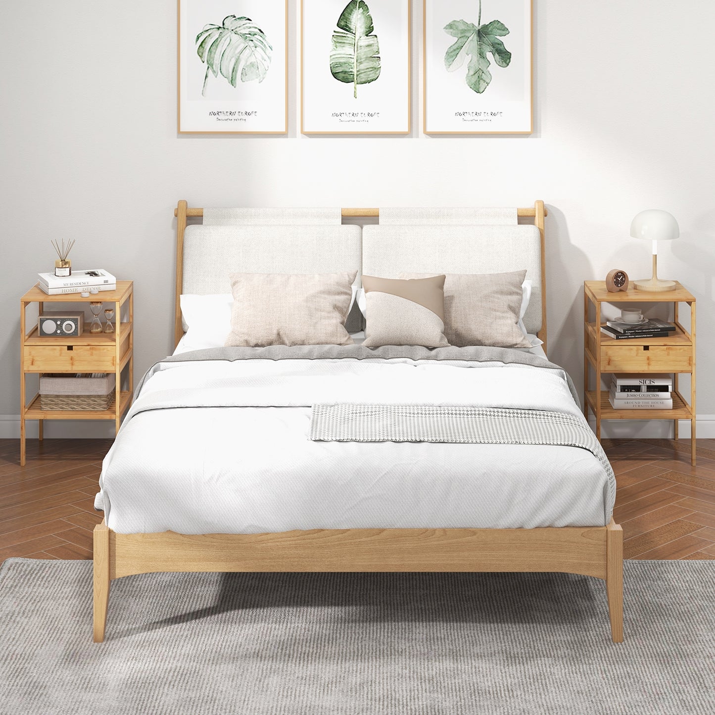 Nightstand Set of 2 Bamboo End Table with 2 Open Shelves and Drawer-Set of 2 Kids Crystal