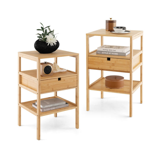 Nightstand Set of 2 Bamboo End Table with 2 Open Shelves and Drawer-Set of 2 Kids Crystal