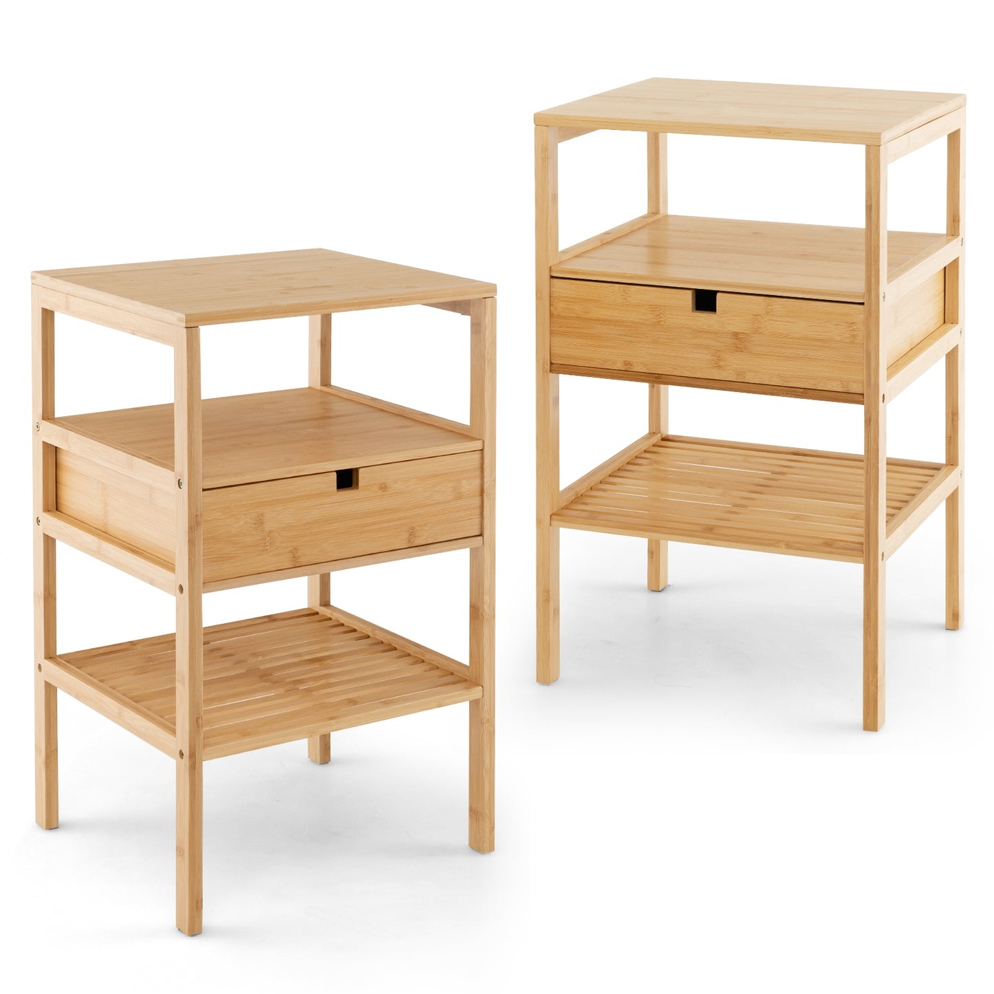 Nightstand Set of 2 Bamboo End Table with 2 Open Shelves and Drawer-Set of 2 Kids Crystal