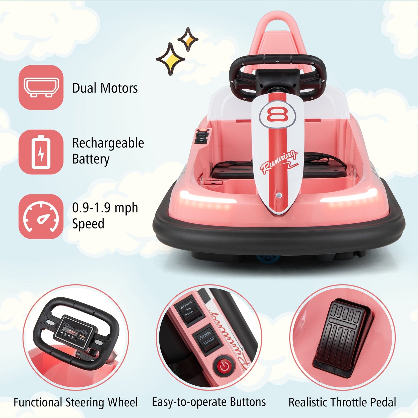 6V kids Ride-on Bumper Car with 360° Spinning and Dual Motors-Pink