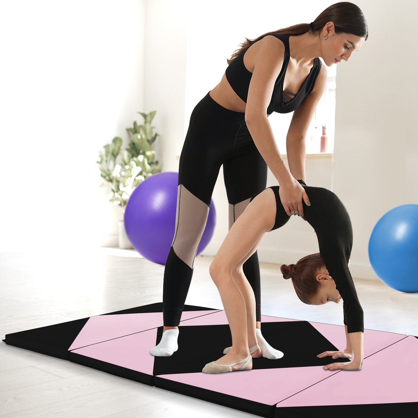 8 Feet PU Leather Folding Gymnastics Mat with Hook and Loop Fasteners-Black & Pink Kids Crystal