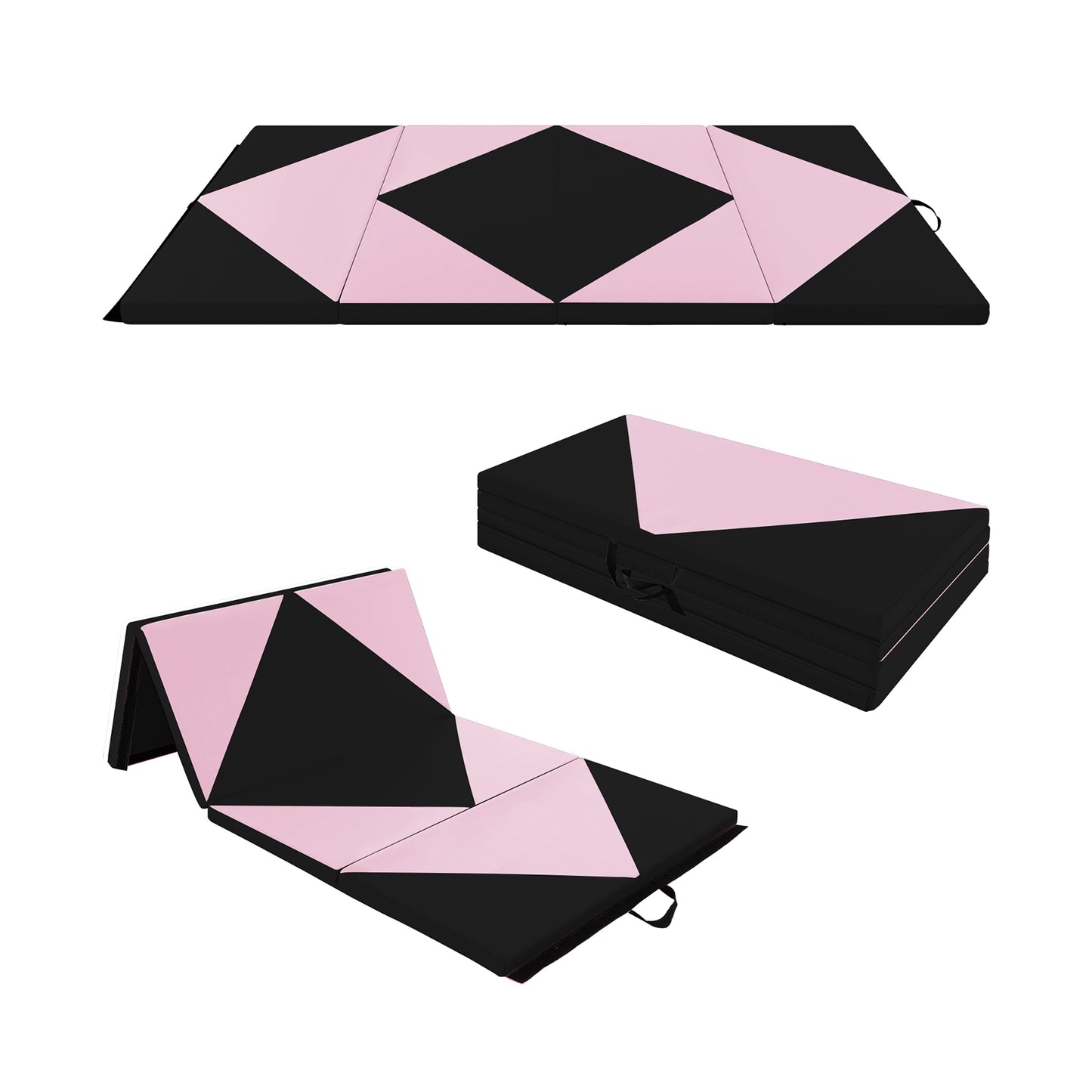 8 Feet PU Leather Folding Gymnastics Mat with Hook and Loop Fasteners-Black & Pink Kids Crystal