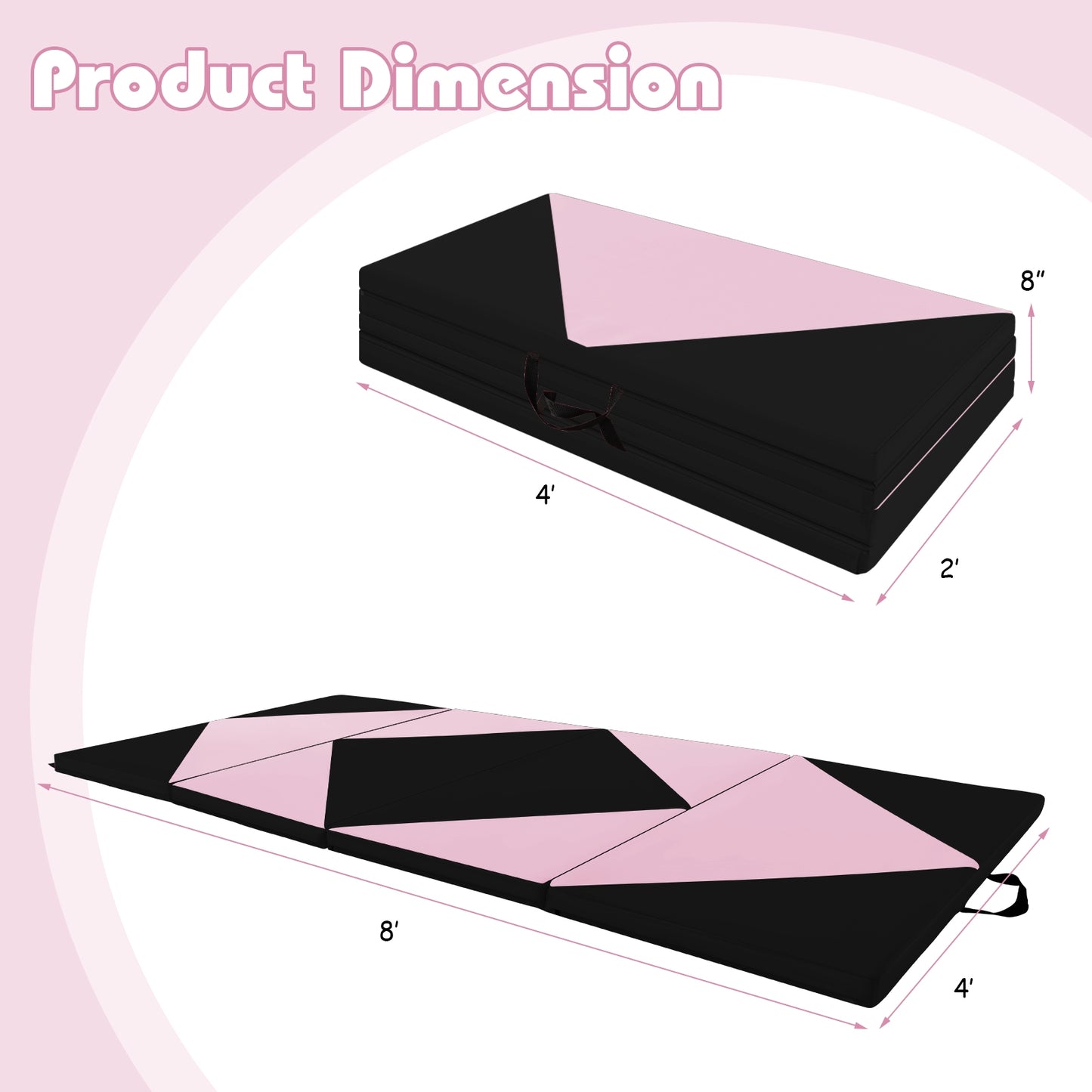 8 Feet PU Leather Folding Gymnastics Mat with Hook and Loop Fasteners-Black & Pink Kids Crystal