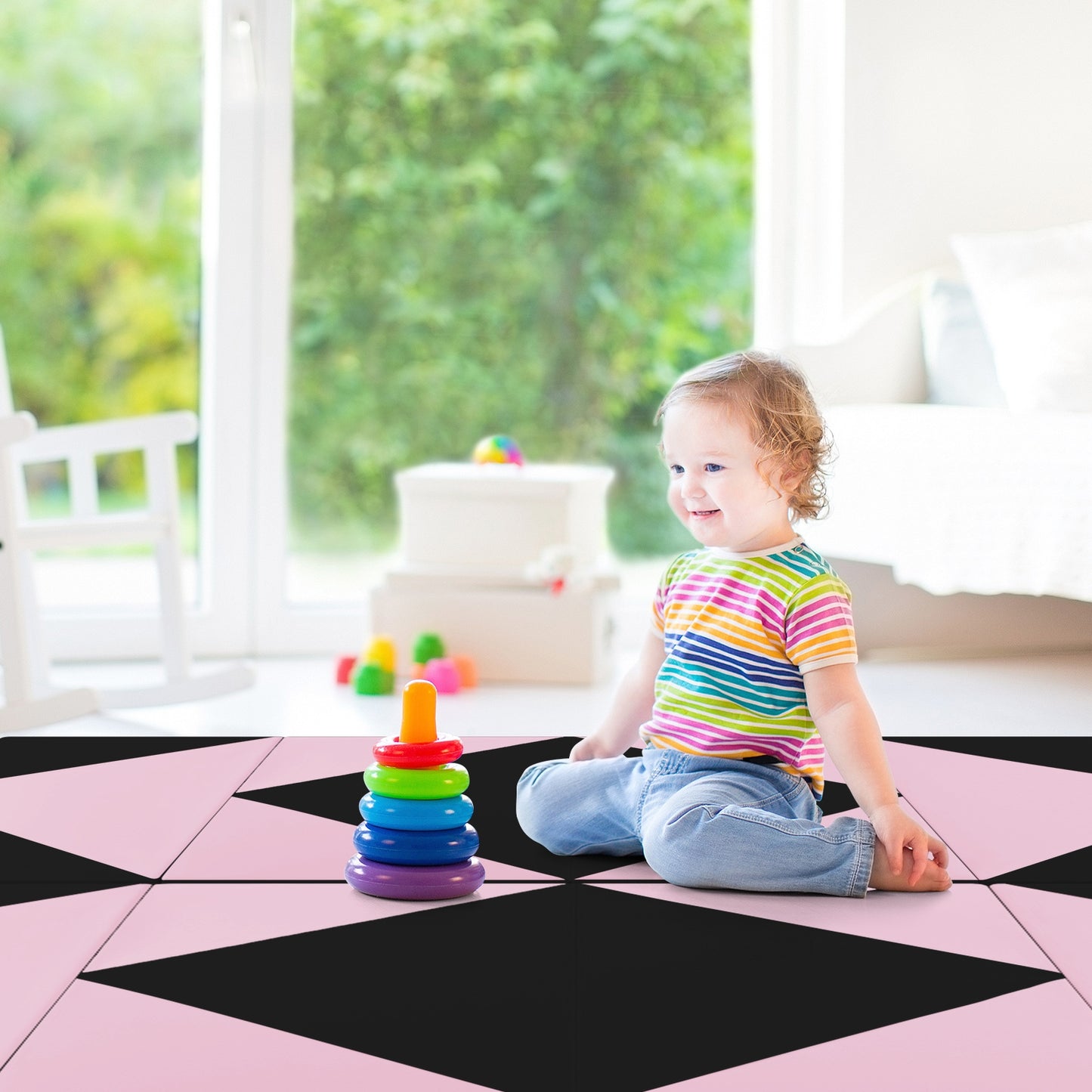 8 Feet PU Leather Folding Gymnastics Mat with Hook and Loop Fasteners-Black & Pink Kids Crystal