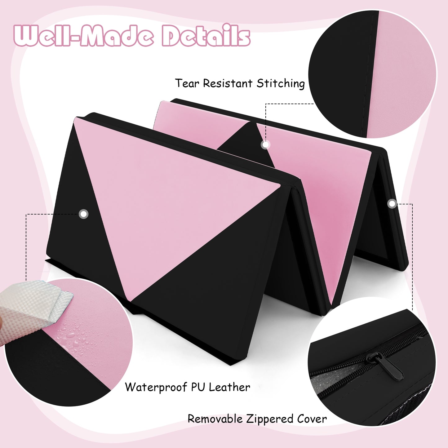 8 Feet PU Leather Folding Gymnastics Mat with Hook and Loop Fasteners-Black & Pink Kids Crystal