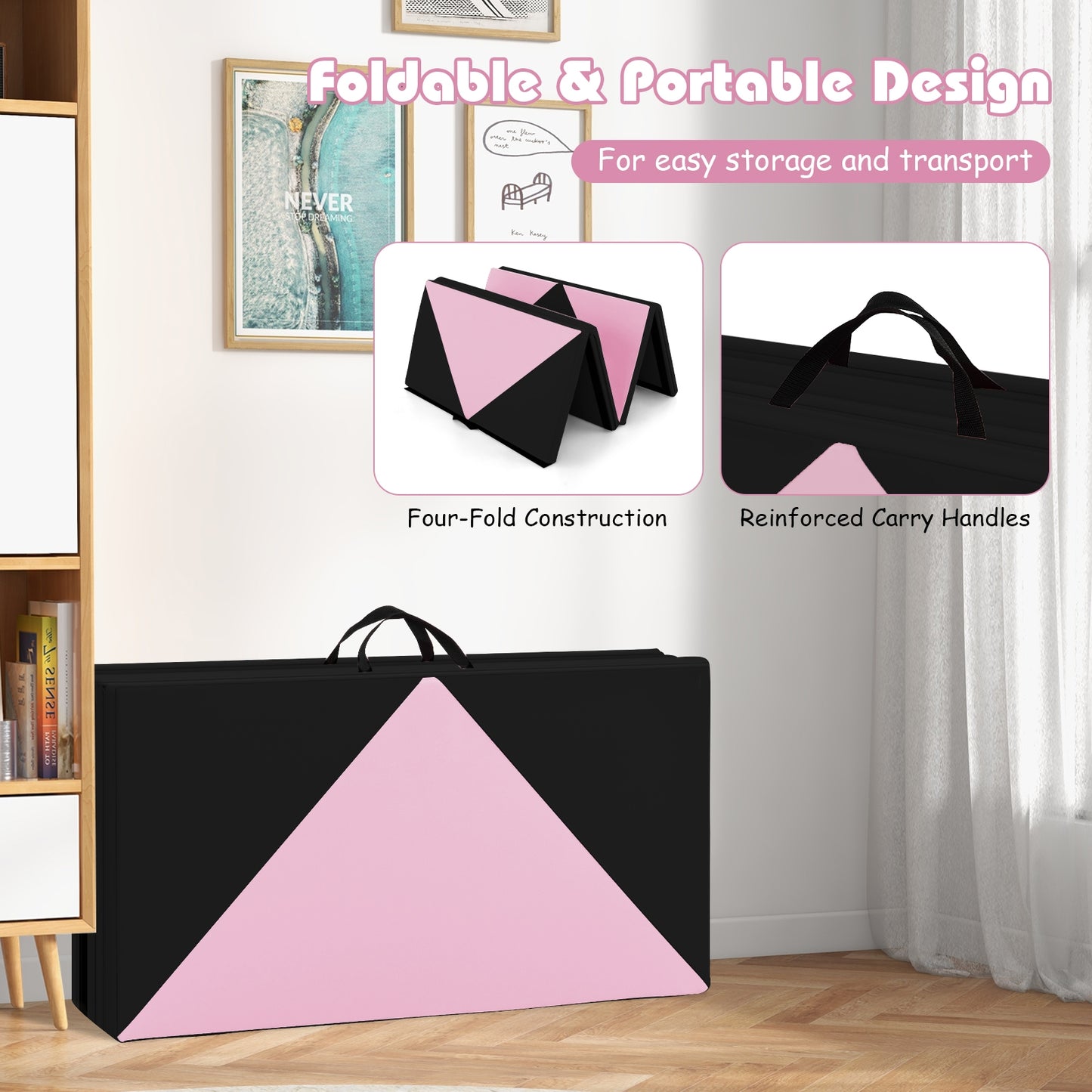 8 Feet PU Leather Folding Gymnastics Mat with Hook and Loop Fasteners-Black & Pink Kids Crystal