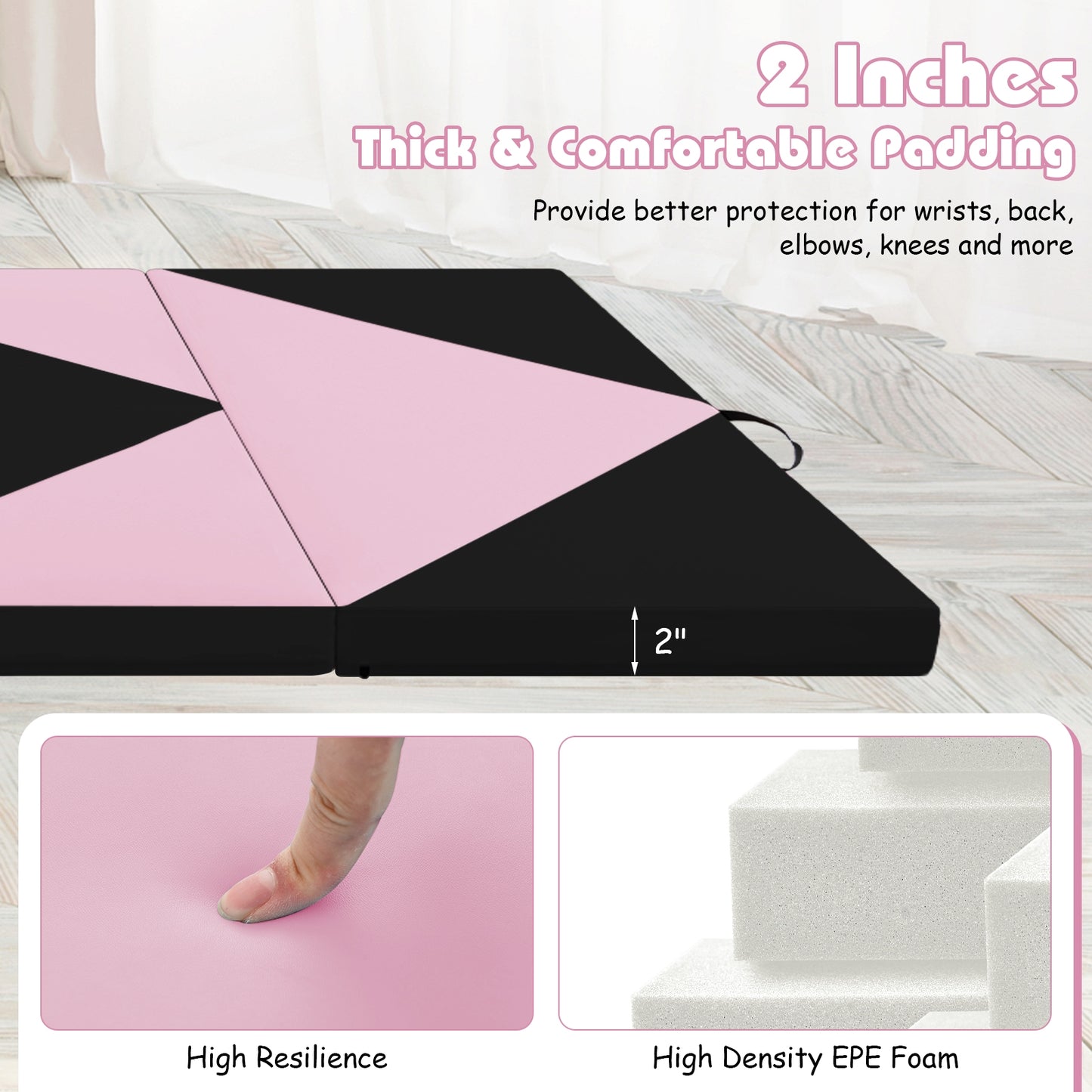 8 Feet PU Leather Folding Gymnastics Mat with Hook and Loop Fasteners-Black & Pink Kids Crystal