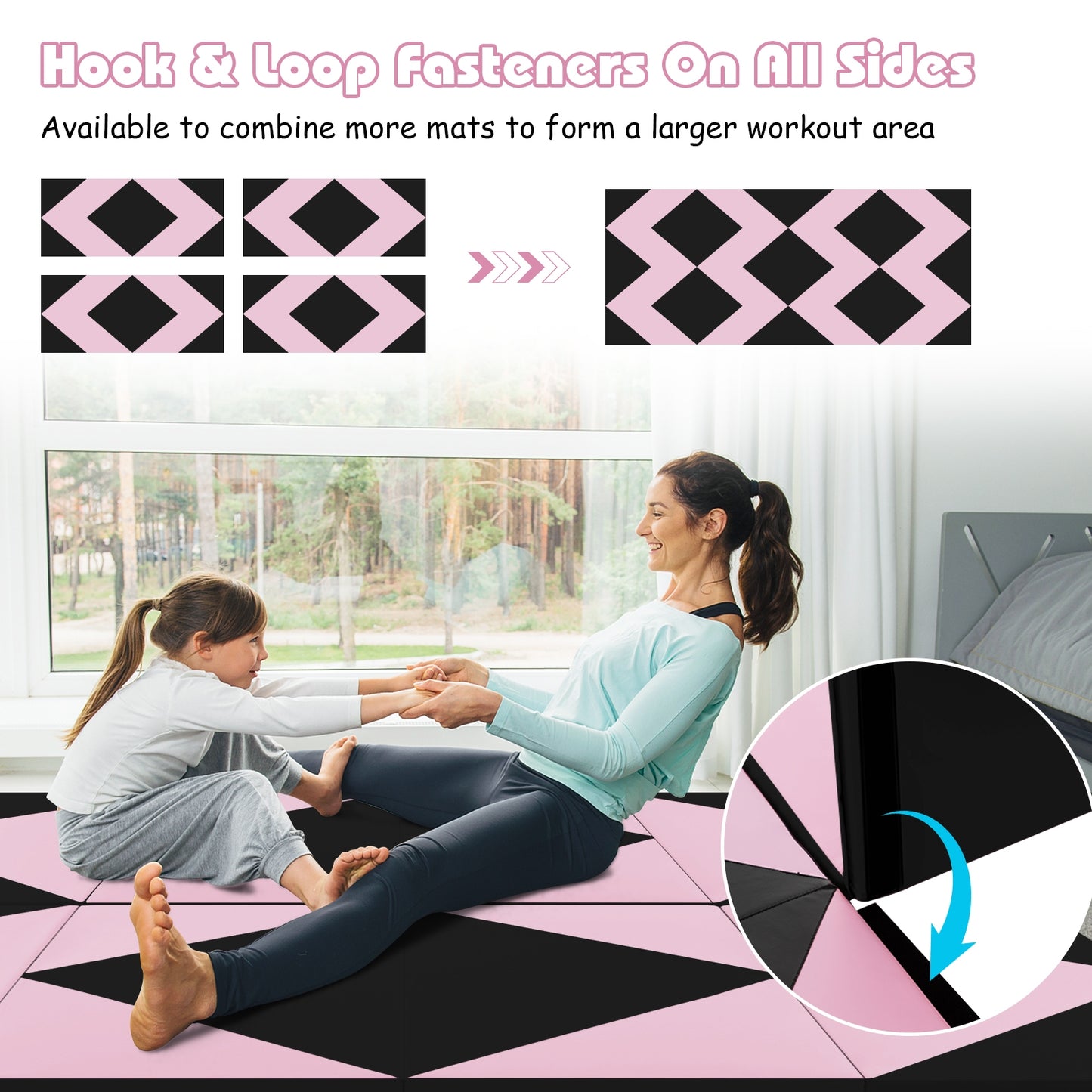 8 Feet PU Leather Folding Gymnastics Mat with Hook and Loop Fasteners-Black & Pink Kids Crystal