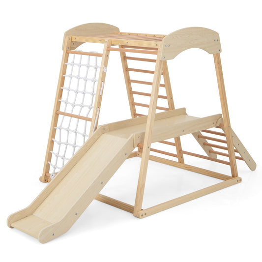 6-in-1 Indoor Jungle Gym Kids Wooden Playground with Monkey Bars-Natural Kids Crystal