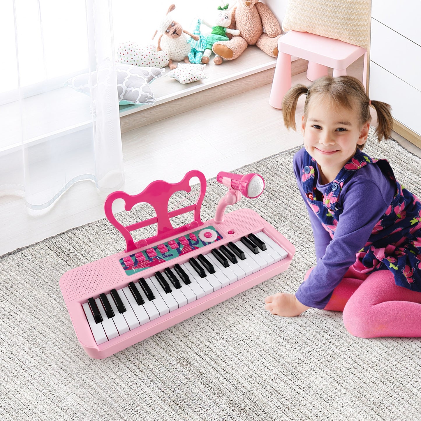 Kids Piano Keyboard 37-Key Kids Toy Keyboard Piano with Microphone for 3+ Kids-Pink Kids Crystal