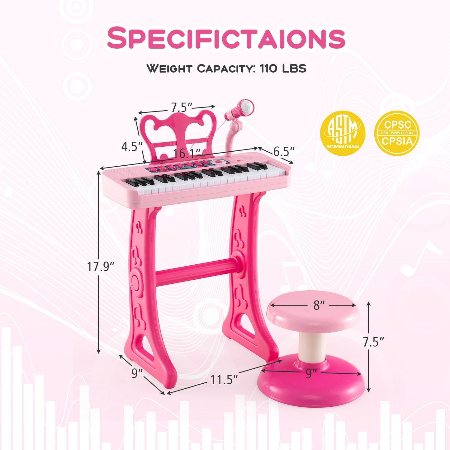Kids Piano Keyboard 37-Key Kids Toy Keyboard Piano with Microphone for 3+ Kids-Pink Kids Crystal