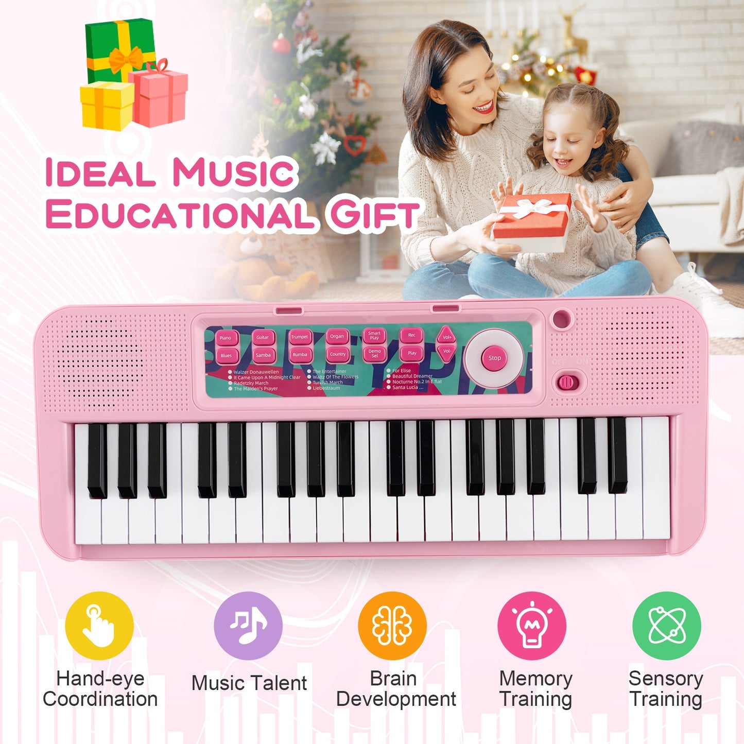 Kids Piano Keyboard 37-Key Kids Toy Keyboard Piano with Microphone for 3+ Kids-Pink Kids Crystal
