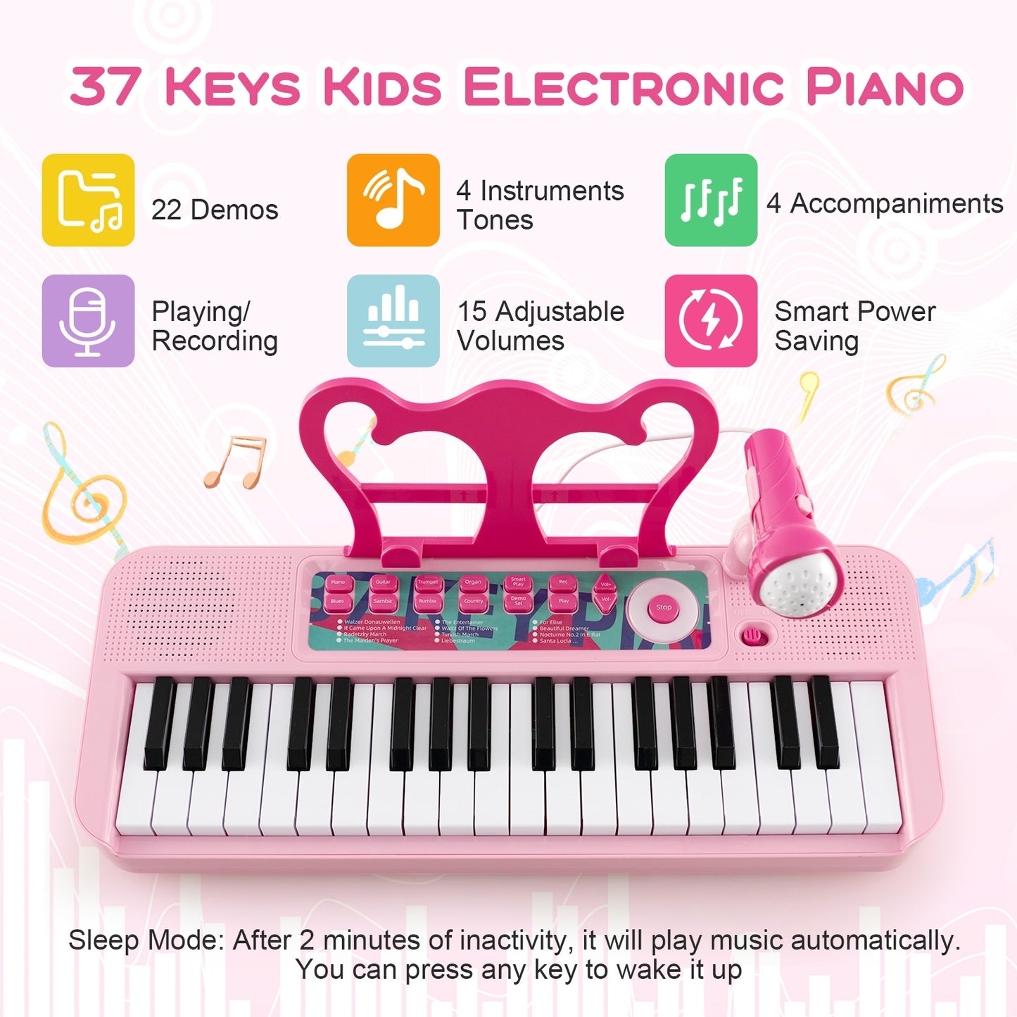 Kids Piano Keyboard 37-Key Kids Toy Keyboard Piano with Microphone for 3+ Kids-Pink Kids Crystal