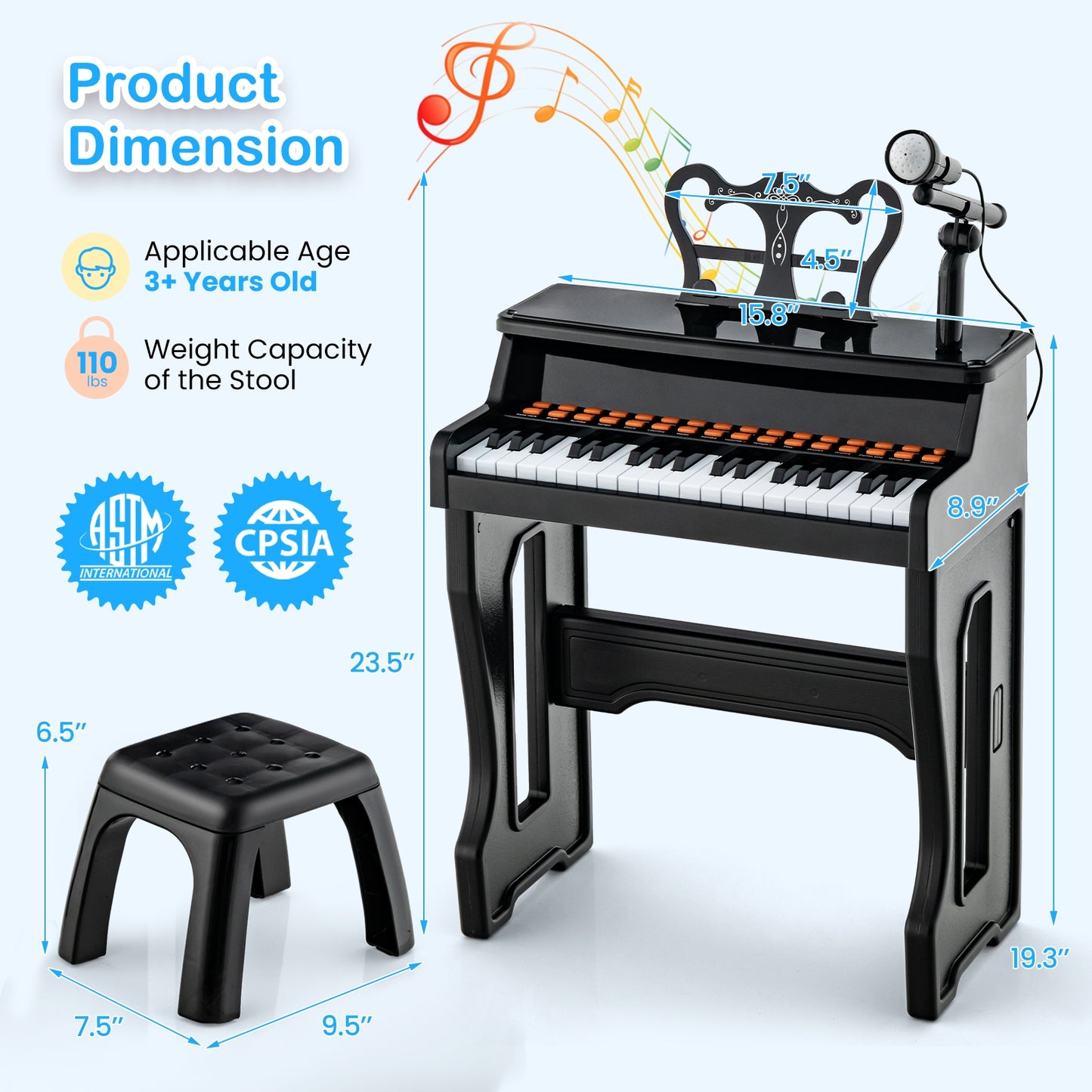 37 Keys Music Piano with Microphone Kids Piano Keyboard with Detachable Music Stand-Black Kids Crystal