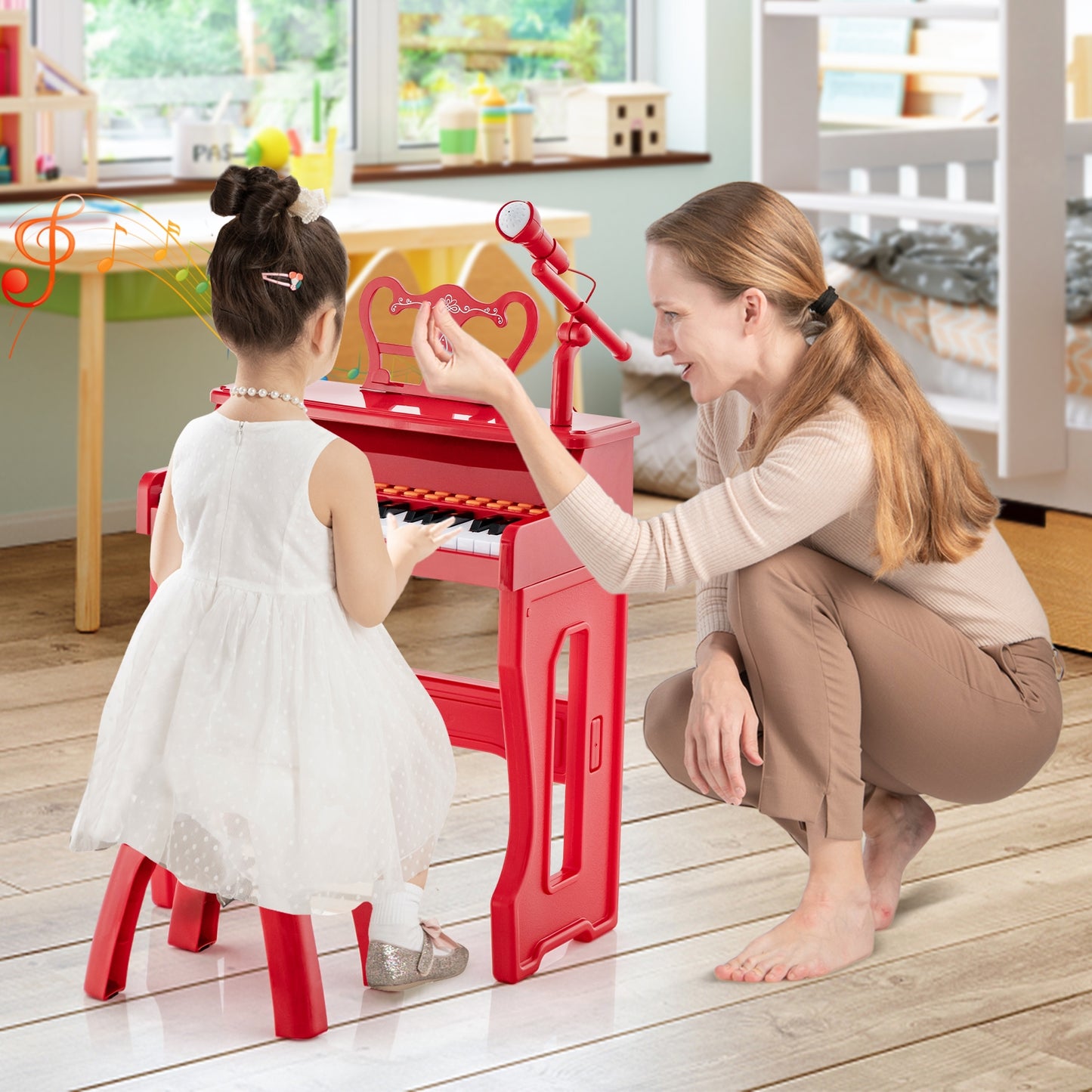 37 Keys Music Piano with Microphone Kids Piano Keyboard with Detachable Music Stand-Red Kids Crystal