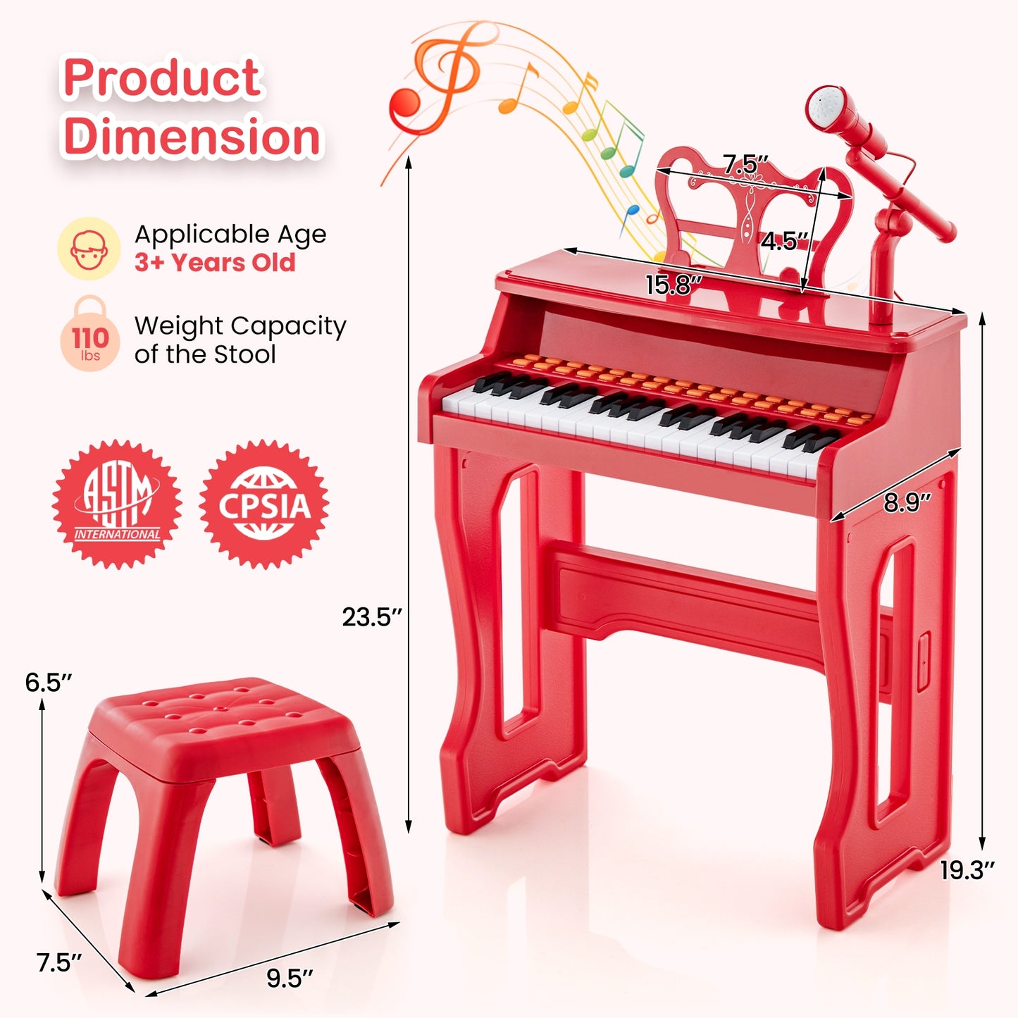 37 Keys Music Piano with Microphone Kids Piano Keyboard with Detachable Music Stand-Red Kids Crystal