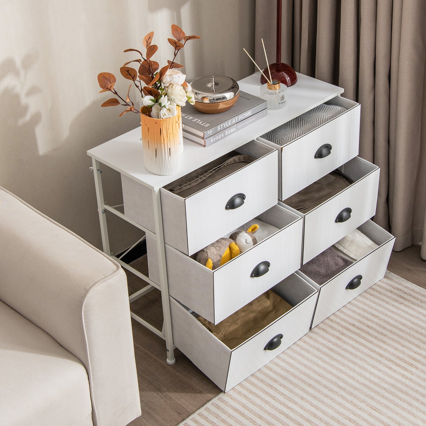 6 Fabric Drawers Storage Chest with Wooden Top-White Kids Crystal