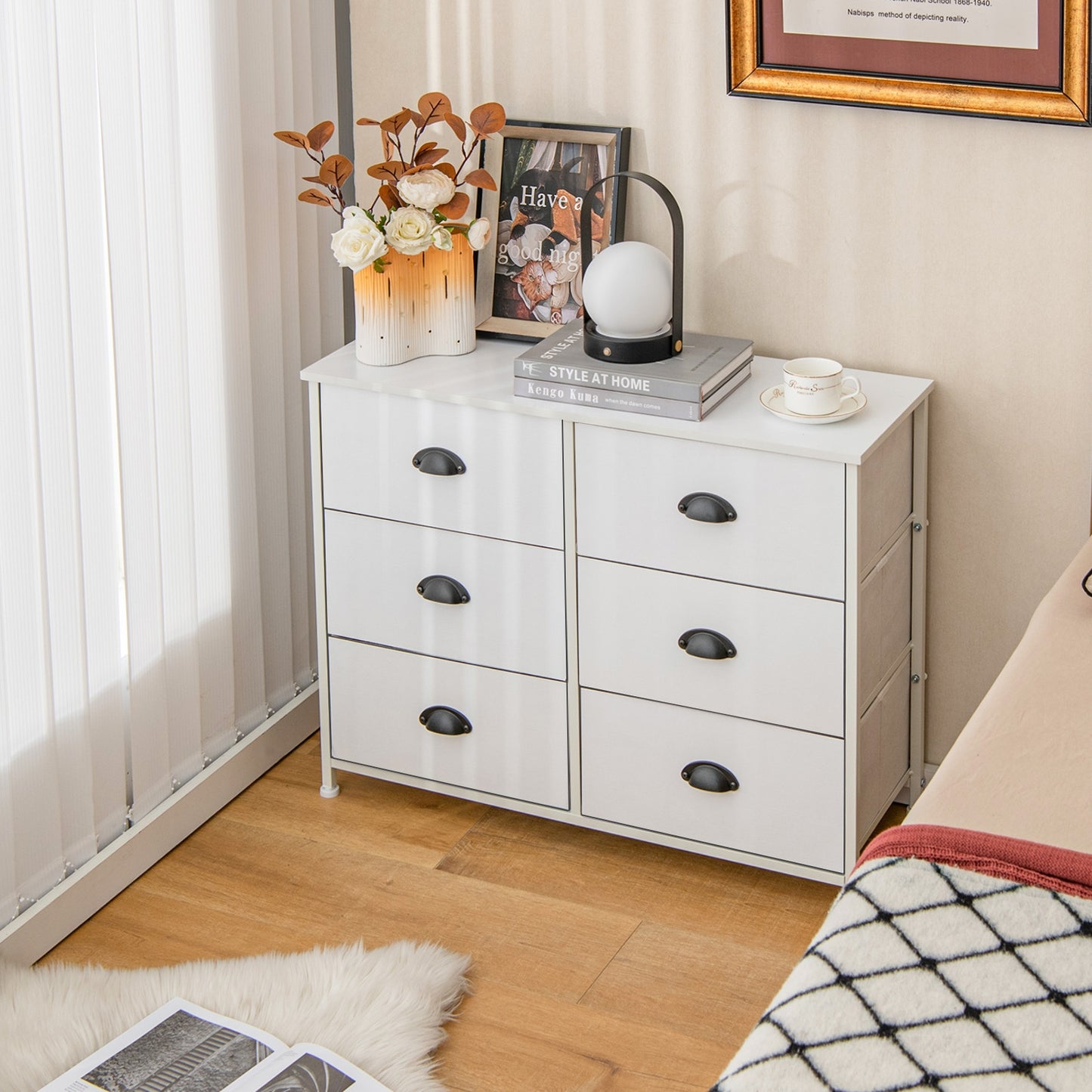 6 Fabric Drawers Storage Chest with Wooden Top-White Kids Crystal