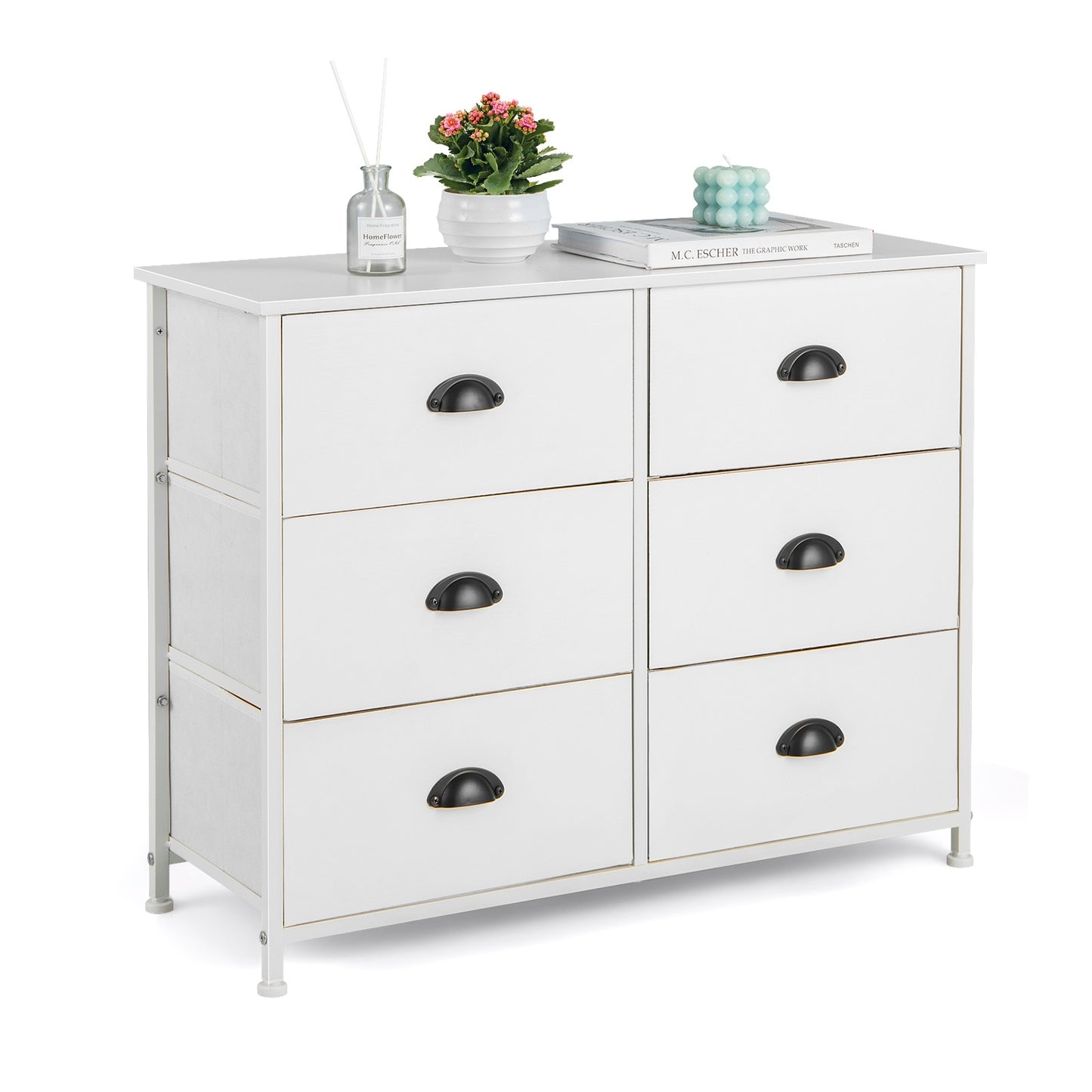 6 Fabric Drawers Storage Chest with Wooden Top-White Kids Crystal