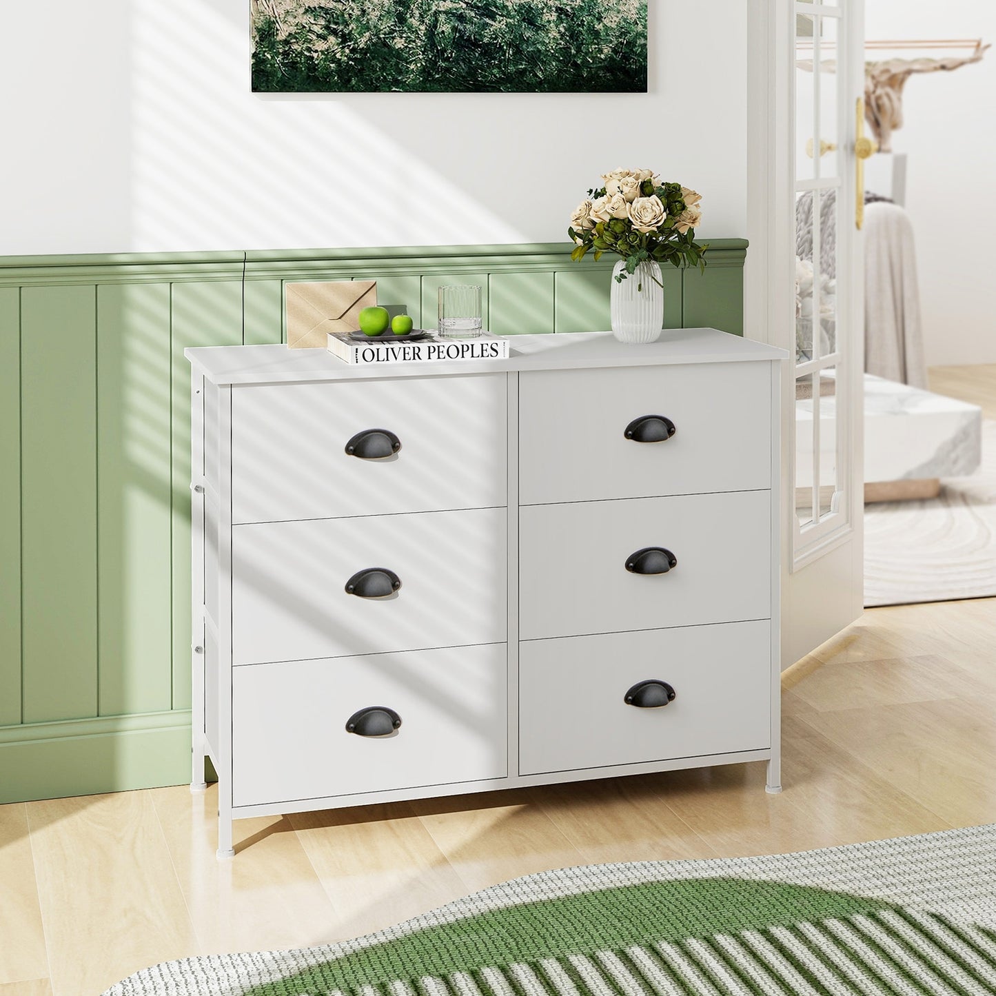 6 Fabric Drawers Storage Chest with Wooden Top-White Kids Crystal