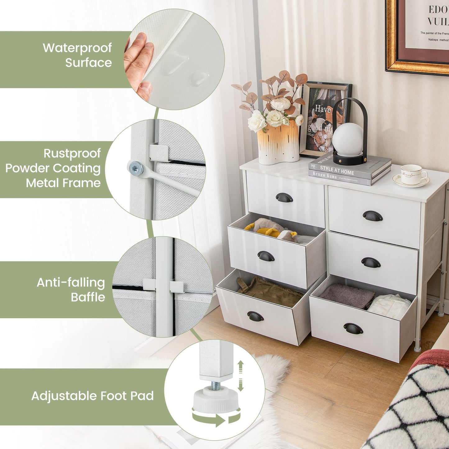 6 Fabric Drawers Storage Chest with Wooden Top-White Kids Crystal
