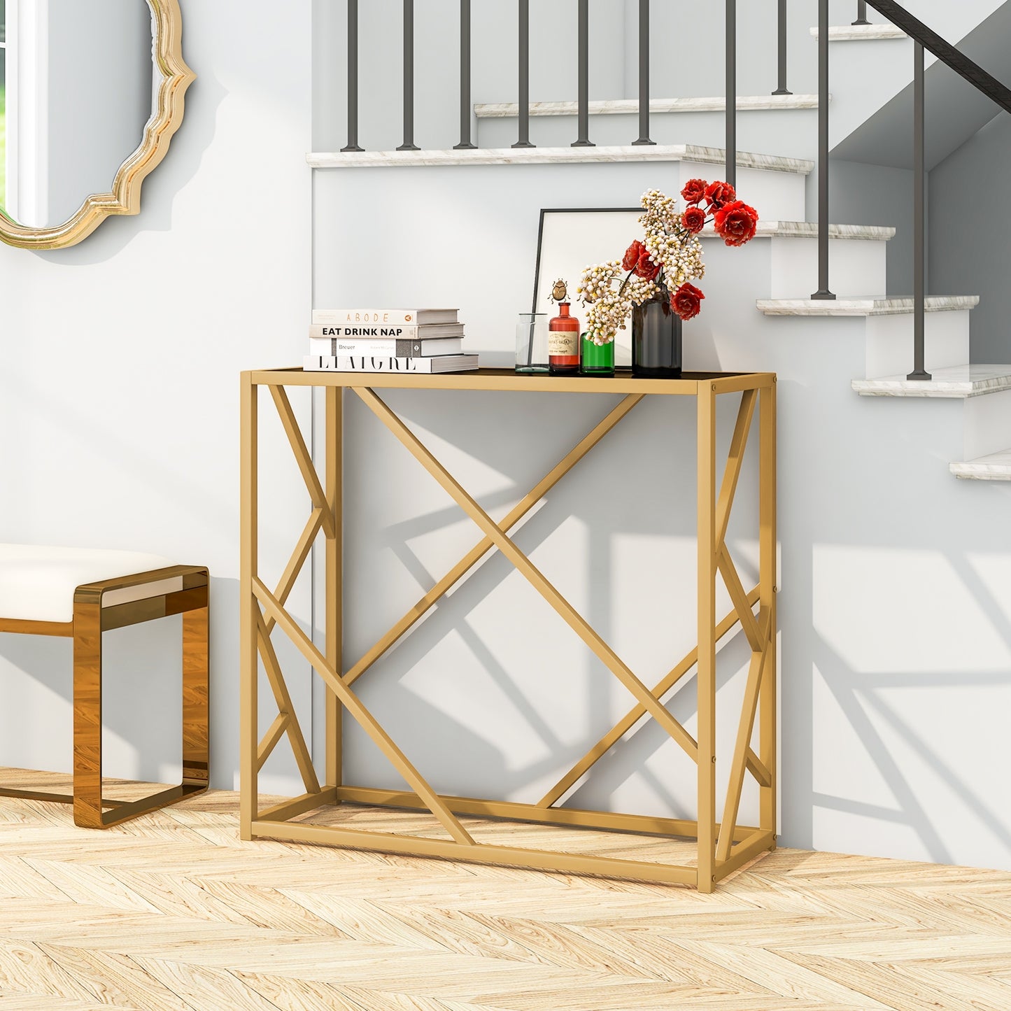 31.5 Inch Golden Heavy-duty Metal Frame Entryway Table with Foot Pads-Black Kids Crystal